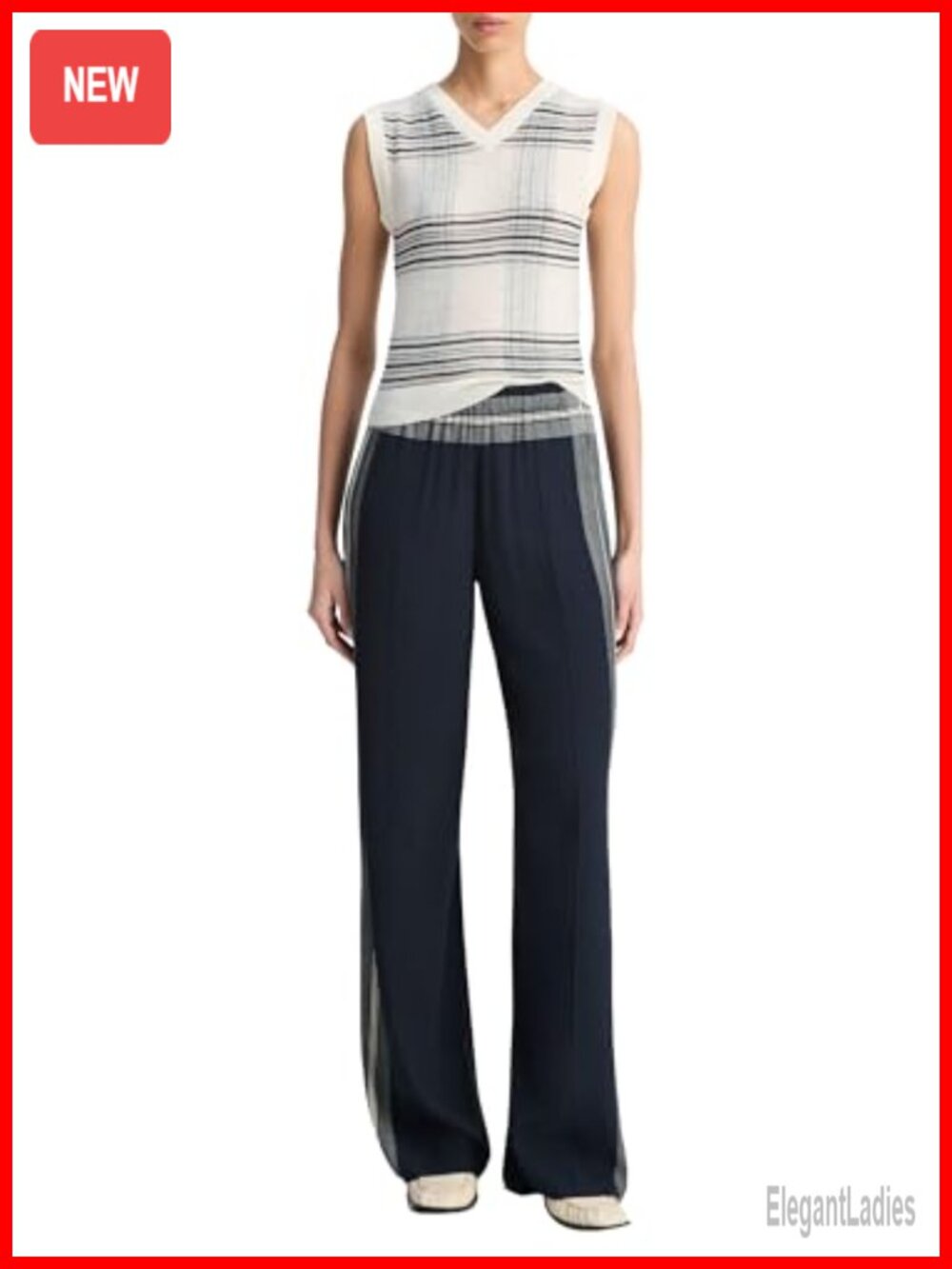 Mid Rise Placed Stripe Pull On Wide Leg Pleated Chino Pants